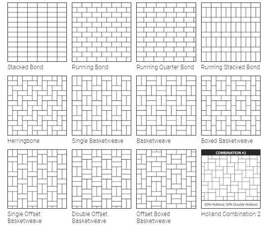 Paver laying patterns: stacked bond, running bond, herringbone, basketweave and Holland combination